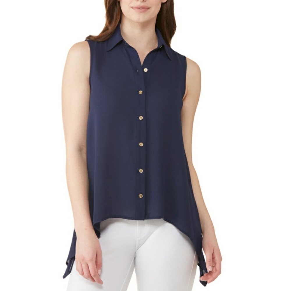 Michael Kors Navy Blue Handkerchief-Hem Sleeveless Top Shirt Women's XS NWT